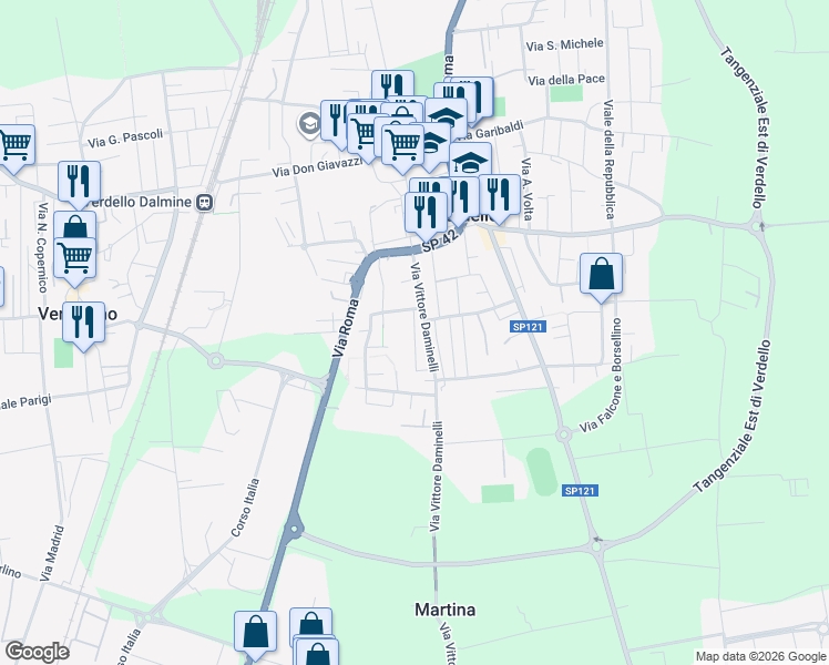 map of restaurants, bars, coffee shops, grocery stores, and more near 11 Via Gioacchino Rossini in Verdello
