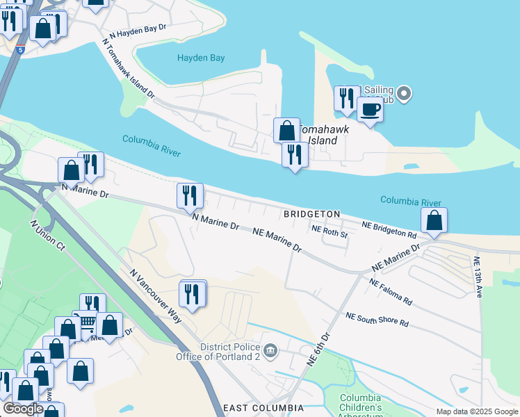 map of restaurants, bars, coffee shops, grocery stores, and more near 49 Northeast Marine Drive in Portland