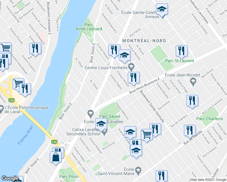 map of restaurants, bars, coffee shops, grocery stores, and more near 11700 Avenue l'Archevêque in Montréal