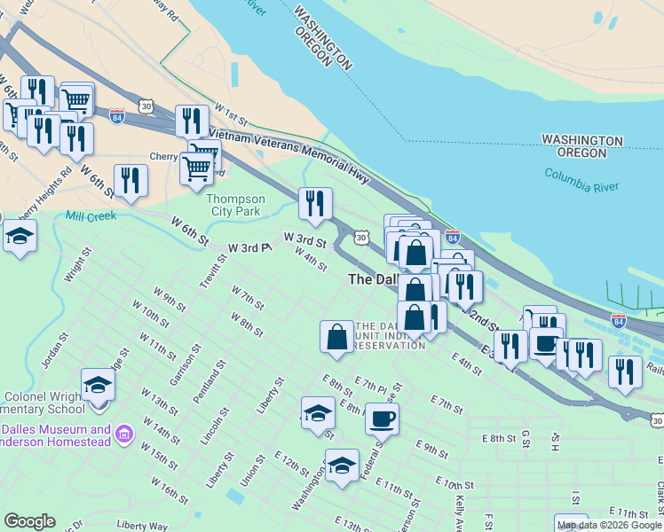 map of restaurants, bars, coffee shops, grocery stores, and more near 118 West 4th Street in The Dalles