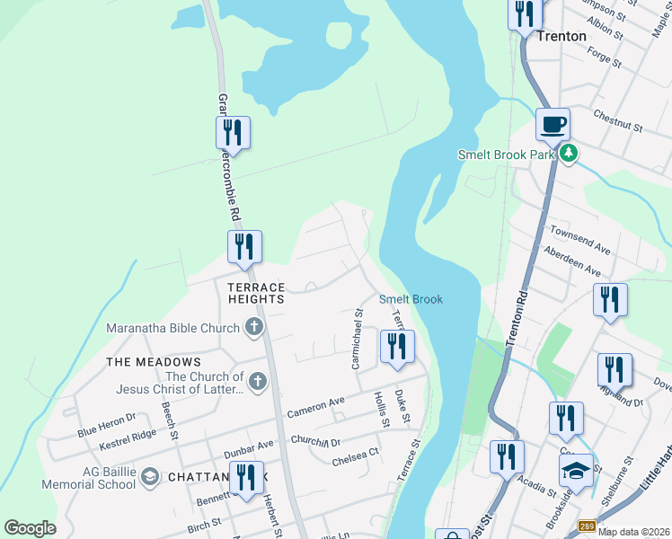 map of restaurants, bars, coffee shops, grocery stores, and more near 25 Terrace Heights Drive in New Glasgow