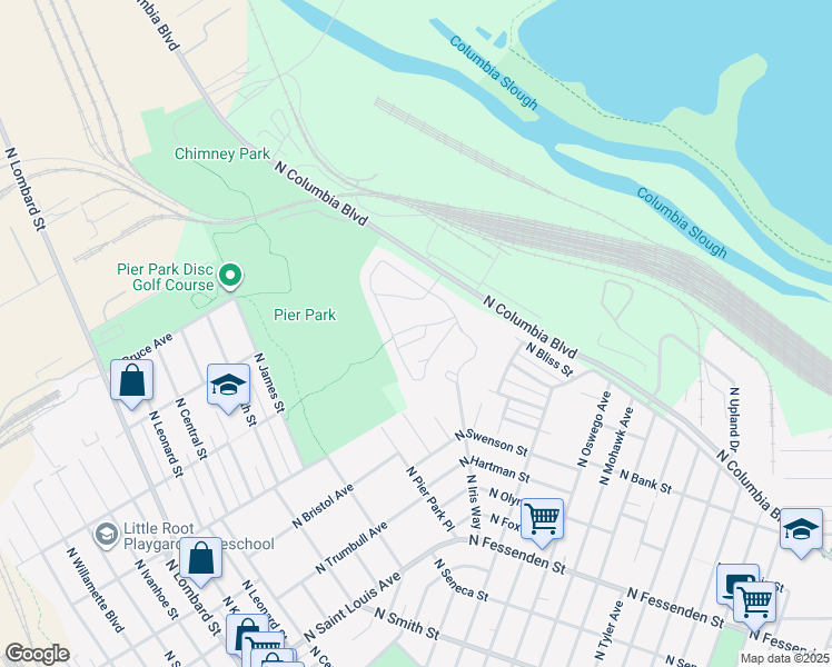 map of restaurants, bars, coffee shops, grocery stores, and more near 8778 North Columbia Boulevard in Portland