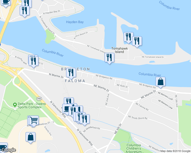 map of restaurants, bars, coffee shops, grocery stores, and more near 55 Northeast Bridgeton Road in Portland
