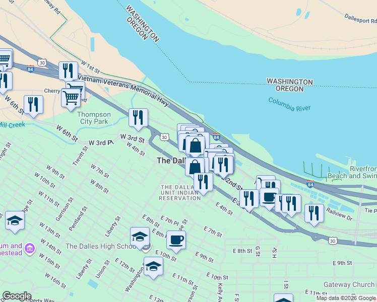 map of restaurants, bars, coffee shops, grocery stores, and more near 105 East 2nd Street in The Dalles