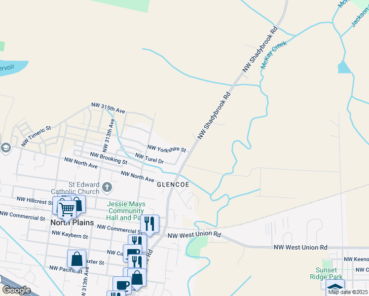 map of restaurants, bars, coffee shops, grocery stores, and more near 11395 Northwest Shadybrook Road in North Plains
