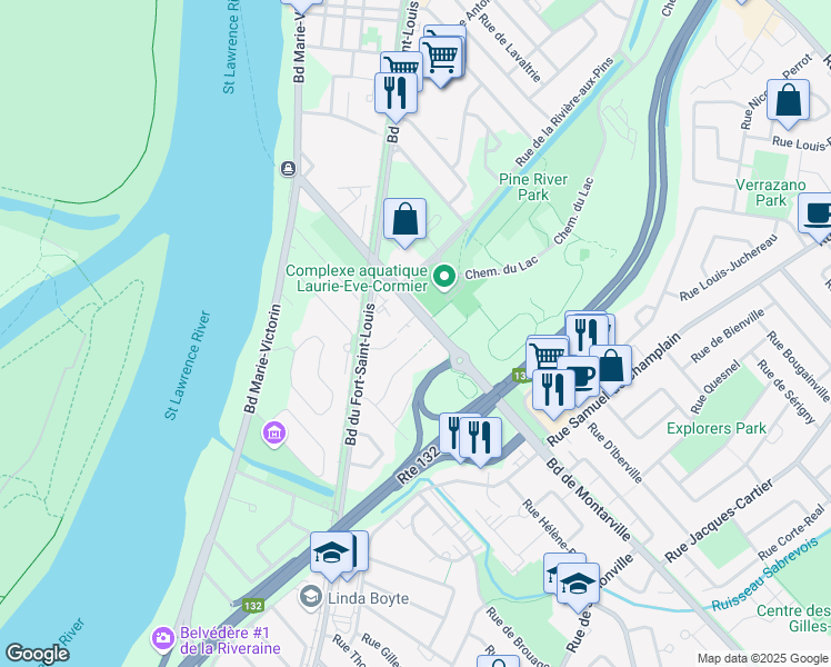 map of restaurants, bars, coffee shops, grocery stores, and more near 168 Boulevard de Montarville in Boucherville