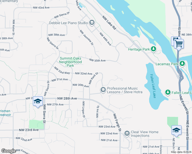 map of restaurants, bars, coffee shops, grocery stores, and more near 3162 Northwest Kent Street in Camas