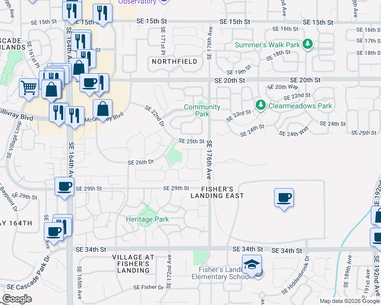map of restaurants, bars, coffee shops, grocery stores, and more near 17313 Southeast 25th Way in Vancouver