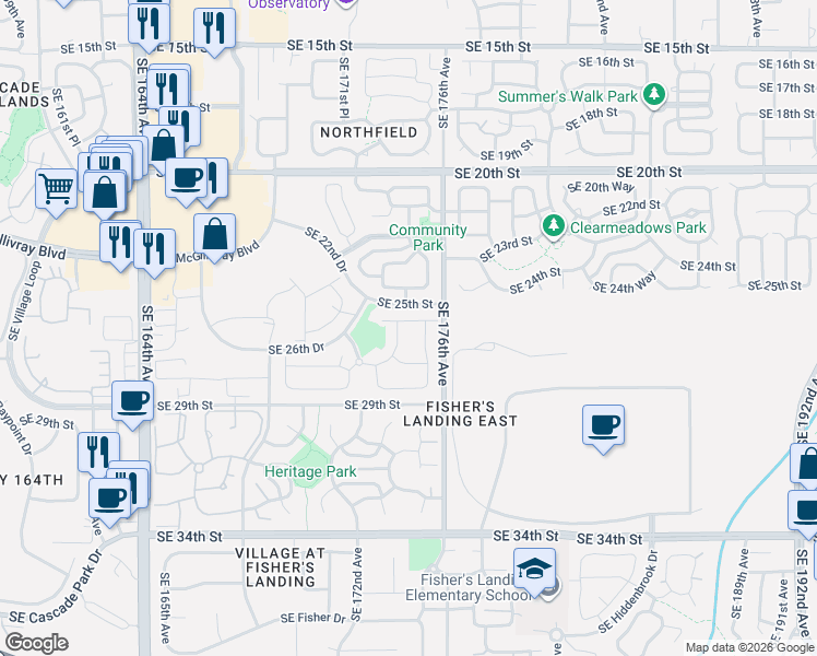 map of restaurants, bars, coffee shops, grocery stores, and more near 17407 Southeast 25th Way in Vancouver