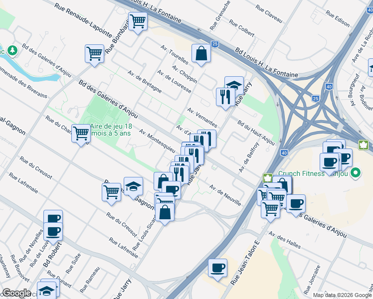 map of restaurants, bars, coffee shops, grocery stores, and more near 8790 Boulevard des Galeries d'Anjou in Montréal
