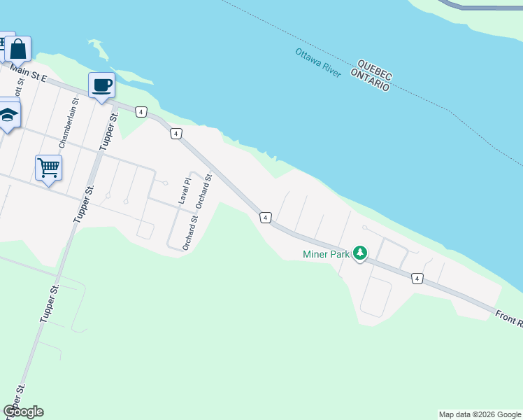 map of restaurants, bars, coffee shops, grocery stores, and more near 271 Front Road in Hawkesbury