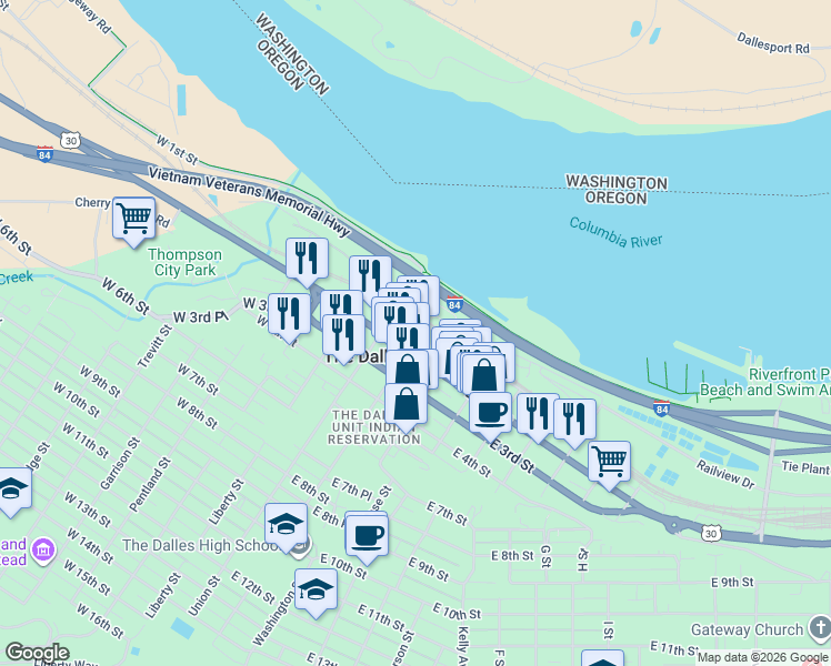 map of restaurants, bars, coffee shops, grocery stores, and more near 105 East 2nd Street in The Dalles