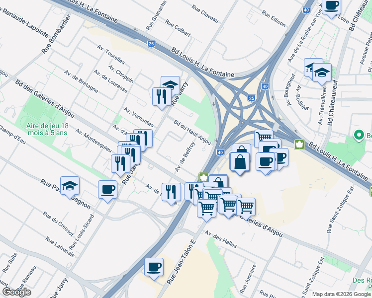 map of restaurants, bars, coffee shops, grocery stores, and more near 7353 Avenue de Belfroy in Montréal