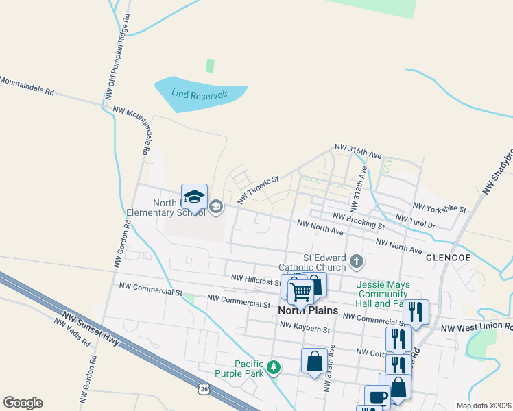 map of restaurants, bars, coffee shops, grocery stores, and more near 31752 Northwest Turel Drive in North Plains