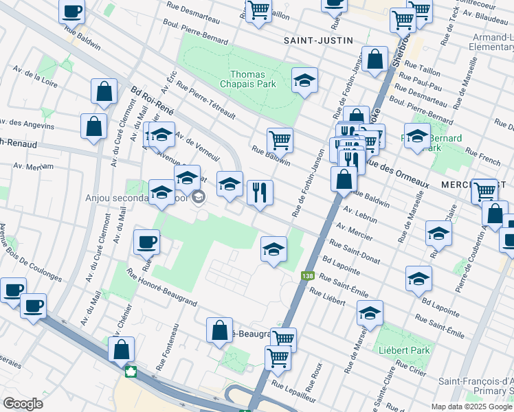 map of restaurants, bars, coffee shops, grocery stores, and more near 8405 Rue de Grosbois in Montréal