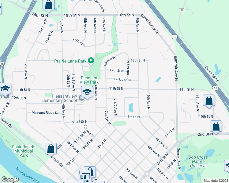 map of restaurants, bars, coffee shops, grocery stores, and more near 735 11th Street North in Sauk Rapids