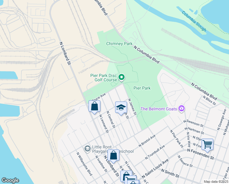 map of restaurants, bars, coffee shops, grocery stores, and more near 10421 North Lombard Street in Portland
