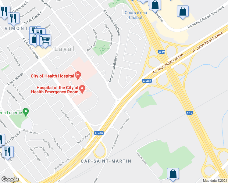 map of restaurants, bars, coffee shops, grocery stores, and more near 1475 Montée Monette in Laval