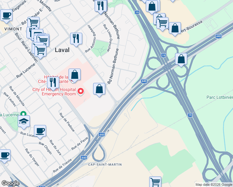 map of restaurants, bars, coffee shops, grocery stores, and more near 1465 Montée Monette in Laval