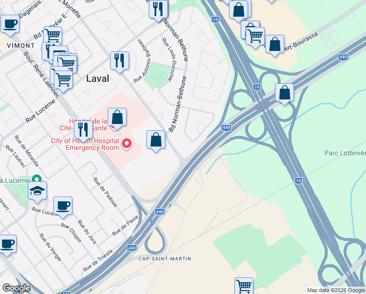 map of restaurants, bars, coffee shops, grocery stores, and more near 1465 Montée Monette in Laval