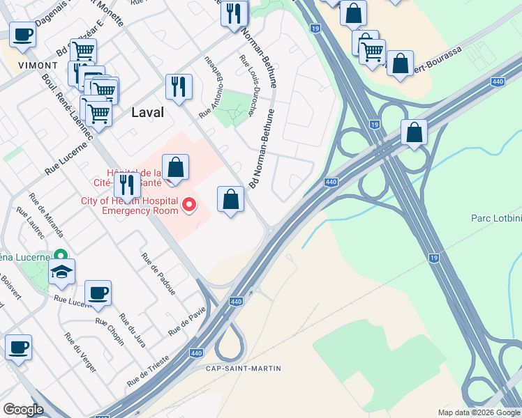 map of restaurants, bars, coffee shops, grocery stores, and more near 1475 Montée Monette in Laval