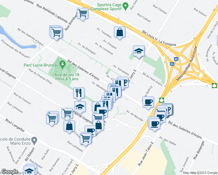 map of restaurants, bars, coffee shops, grocery stores, and more near 8810 Boulevard des Galeries d'Anjou in Montréal