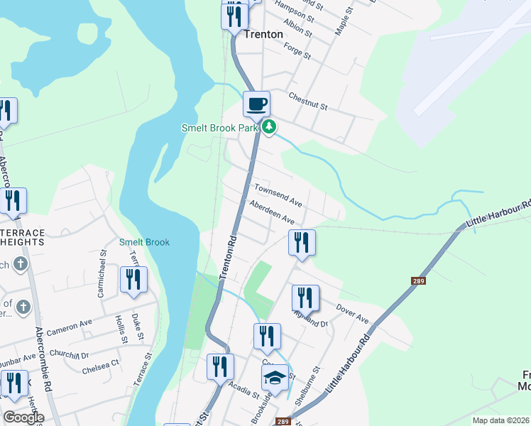 map of restaurants, bars, coffee shops, grocery stores, and more near 35 Aberdeen Avenue in New Glasgow