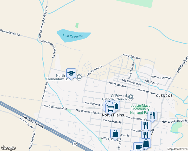map of restaurants, bars, coffee shops, grocery stores, and more near 31752 Northwest Turel Drive in North Plains