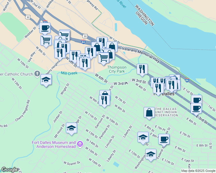map of restaurants, bars, coffee shops, grocery stores, and more near 608 West 6th Street in The Dalles