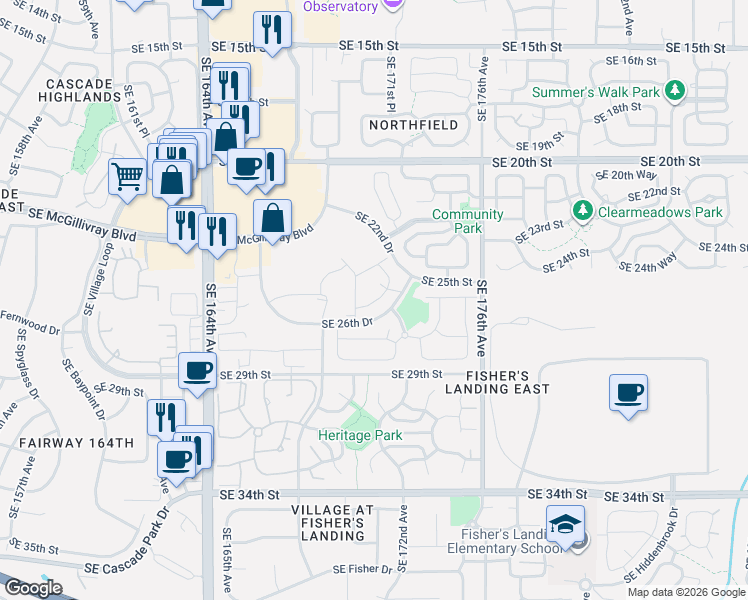 map of restaurants, bars, coffee shops, grocery stores, and more near 17200 Southeast 26th Drive in Vancouver