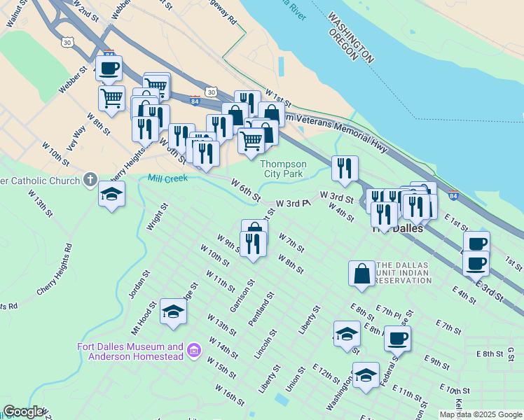 map of restaurants, bars, coffee shops, grocery stores, and more near 531 West 3rd Place in The Dalles
