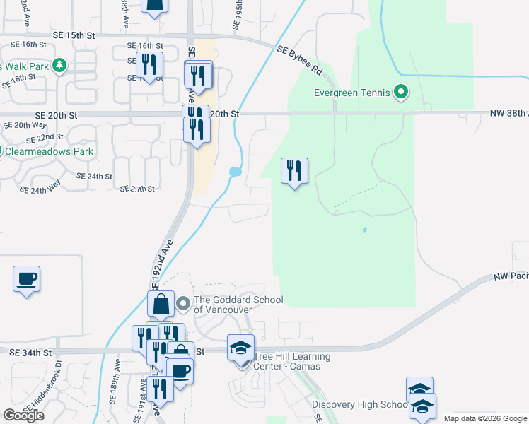 map of restaurants, bars, coffee shops, grocery stores, and more near 19716 Southeast 26th Way in Camas