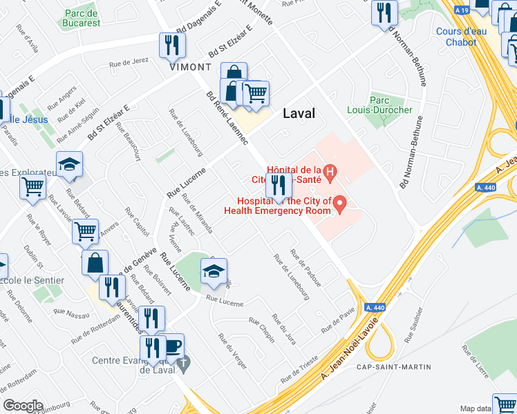 map of restaurants, bars, coffee shops, grocery stores, and more near 1617 Place de Fagnolle in Laval
