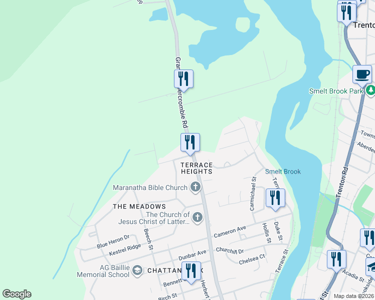 map of restaurants, bars, coffee shops, grocery stores, and more near 624 Granton Abercrombie Road in New Glasgow