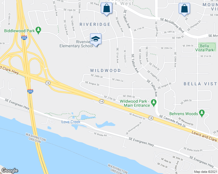 map of restaurants, bars, coffee shops, grocery stores, and more near SE Angus St & SE 130th Ave in Vancouver