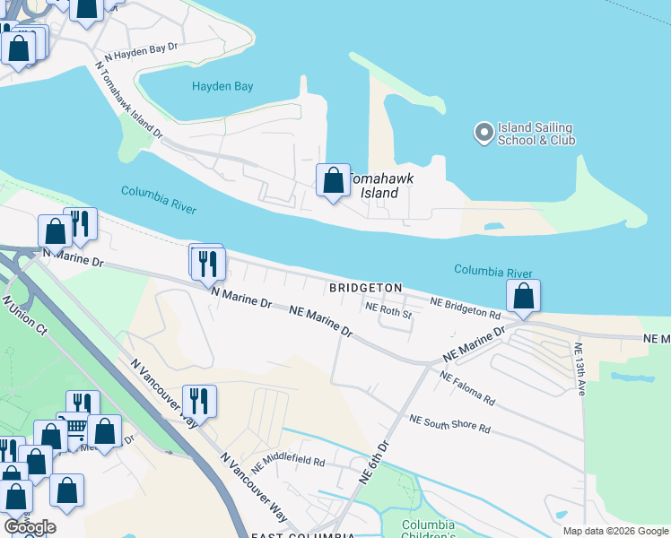map of restaurants, bars, coffee shops, grocery stores, and more near 173 Northeast Bridgeton Road in Portland