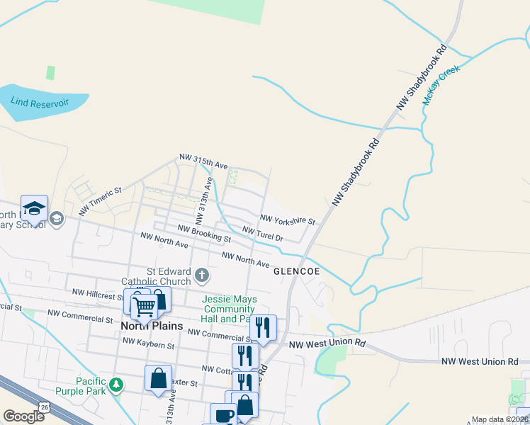 map of restaurants, bars, coffee shops, grocery stores, and more near 30893 Northwest Yorkshire Street in North Plains