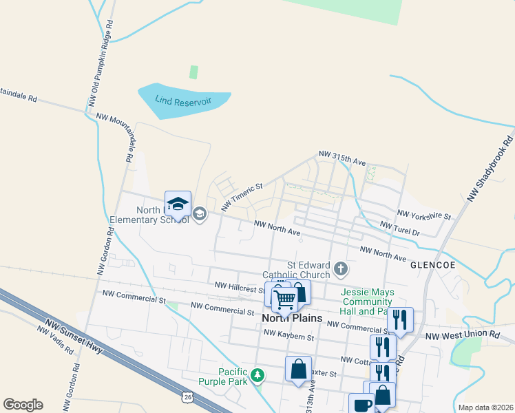 map of restaurants, bars, coffee shops, grocery stores, and more near 31716 Northwest Turel Drive in North Plains