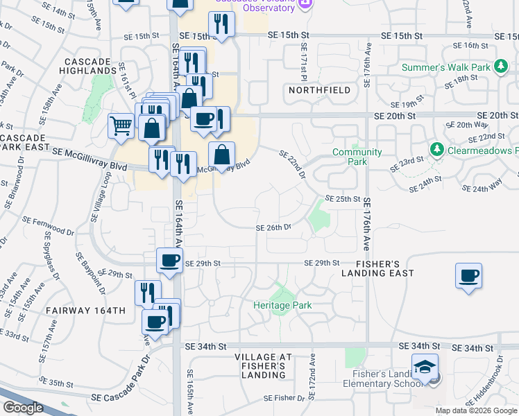 map of restaurants, bars, coffee shops, grocery stores, and more near 16900 Southeast 26th Drive in Vancouver
