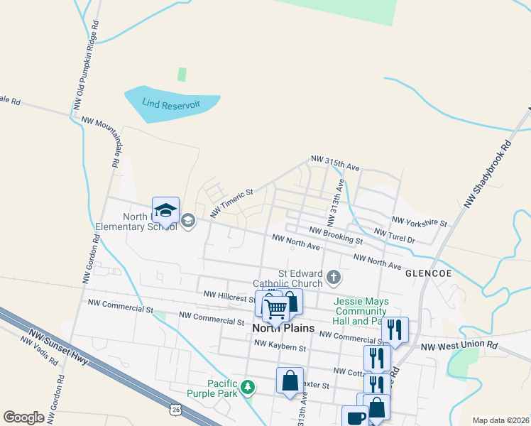 map of restaurants, bars, coffee shops, grocery stores, and more near 11331 Northwest Main Street in North Plains