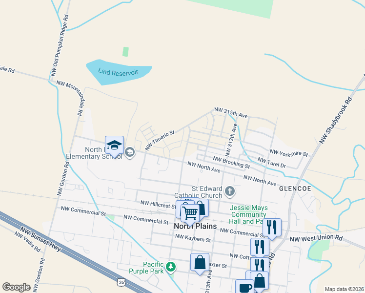 map of restaurants, bars, coffee shops, grocery stores, and more near 11331 Northwest Main Street in North Plains
