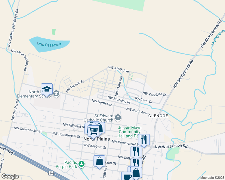 map of restaurants, bars, coffee shops, grocery stores, and more near 31303 Northwest Turel Drive in North Plains
