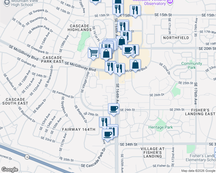 map of restaurants, bars, coffee shops, grocery stores, and more near 2610 Southeast 164th Avenue in Vancouver