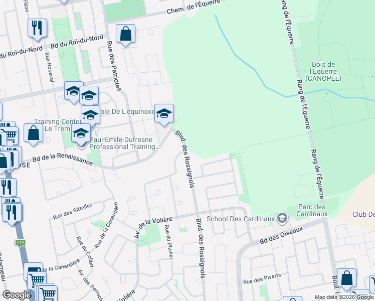 map of restaurants, bars, coffee shops, grocery stores, and more near Boulevard des Rossignols in Laval