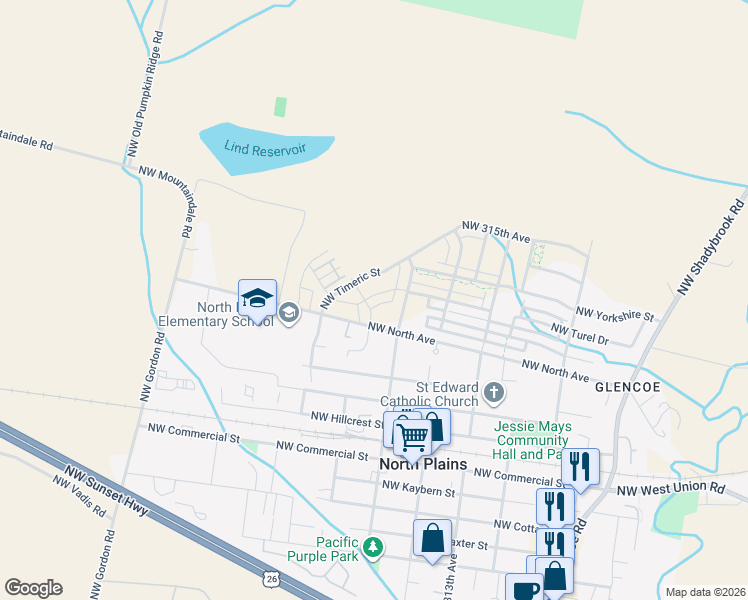 map of restaurants, bars, coffee shops, grocery stores, and more near 31712 Northwest Turel Drive in North Plains