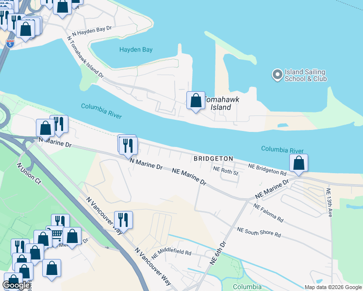 map of restaurants, bars, coffee shops, grocery stores, and more near 55 Northeast Bridgeton Road in Portland