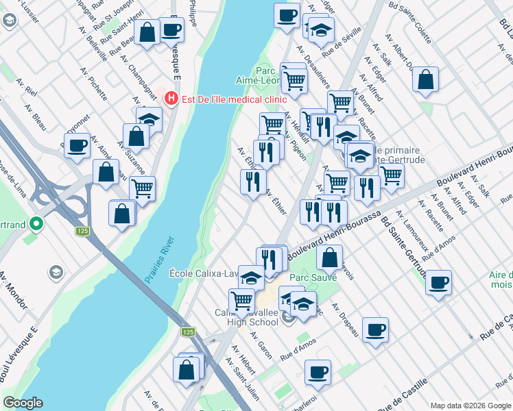 map of restaurants, bars, coffee shops, grocery stores, and more near 4694 Boulevard Gouin Est in Montréal