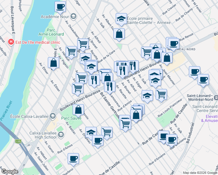 map of restaurants, bars, coffee shops, grocery stores, and more near 5052 Boulevard Henri-Bourassa Est in Montréal