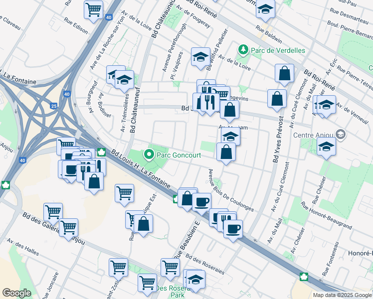 map of restaurants, bars, coffee shops, grocery stores, and more near 7021 Avenue Goncourt in Montréal
