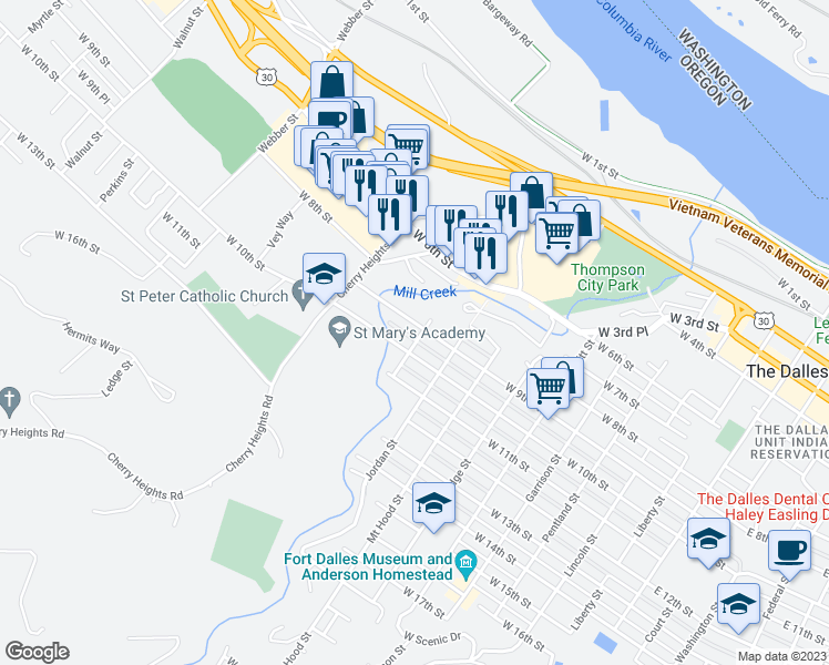 map of restaurants, bars, coffee shops, grocery stores, and more near 1000 West 9th Street in The Dalles